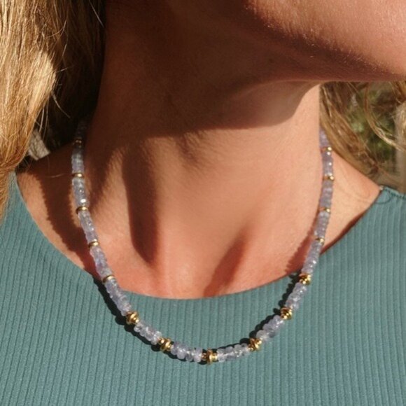 Tanzanite Beaded Necklace Purple Blue Gemstone Gold Waterproof Necklace